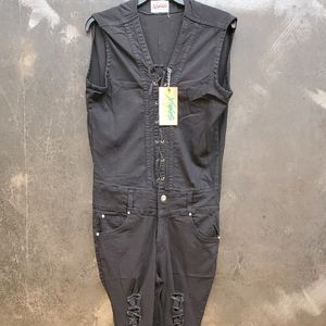 A premium denim jumpsuit sleeveless (lace up) slim fit